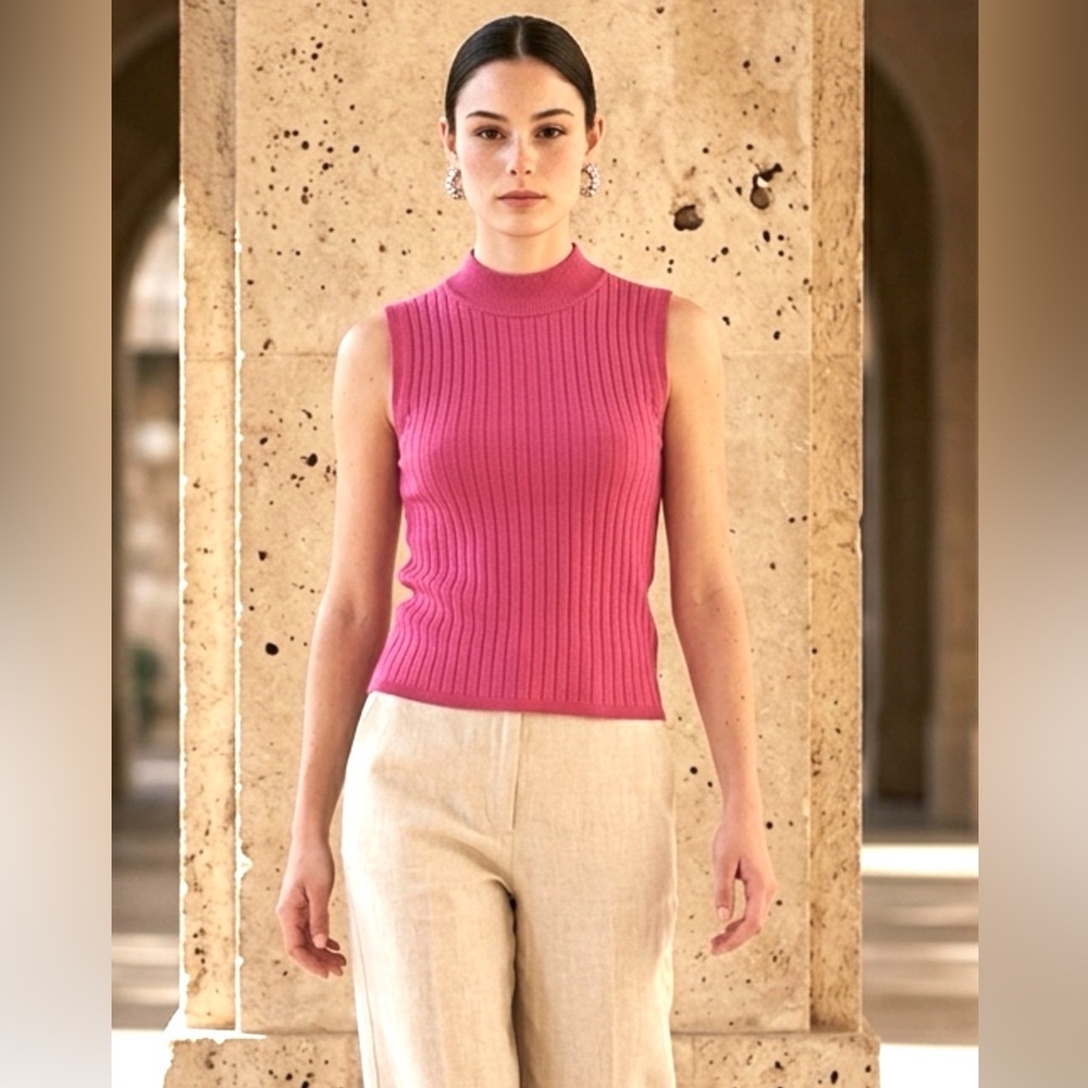Saint Germain 100% Silk Vintage Top M 6 8 10 Pink Ribbed Sleeveless 3-ply Career